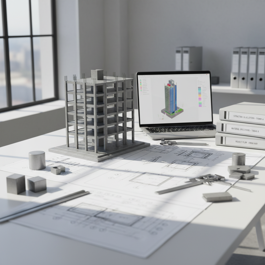 A bright, minimalist engineering office interior with a large central table covered in detailed architectural blueprints, technical drawings, and a high-precision metal scale model of a reinforced concrete frame structure. Beside it, a laptop displays a 3D BIM model of a high-rise building, while calibrated measuring tools, steel and concrete material samples, and neatly labeled binders are organized around the workspace. Daylight from a large window washes over the white surfaces, casting soft, controlled shadows that highlight the textures of paper, metal, and glass. Photographic realism, shot at eye level with a shallow depth of field focused on the model and drawings. The mood is highly professional, meticulous, and methodical, reflecting decades of engineering experience in structural design and planning.
