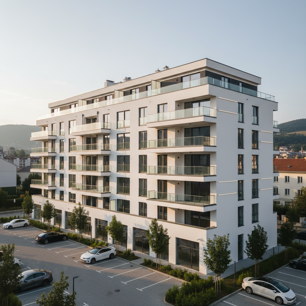 A sleek architectural exterior of a modern mid-rise commercial and residential building designed to European standards, with crisp white facades, dark anthracite window frames, and carefully articulated balconies in glass and steel. The structure stands on a clean, paved urban plot with neatly organized parking and landscaped greenery, against a backdrop of low Bosnian hills. Soft late-afternoon natural light creates precise shadows that emphasize the building’s geometry and structural clarity. Photographic realism, shot from a slightly elevated three-quarter angle with sharp focus throughout, conveying German-like precision, reliability, and professional engineering. The atmosphere is calm, orderly, and confident, ideal as a hero image for a leading high-rise construction design company website.