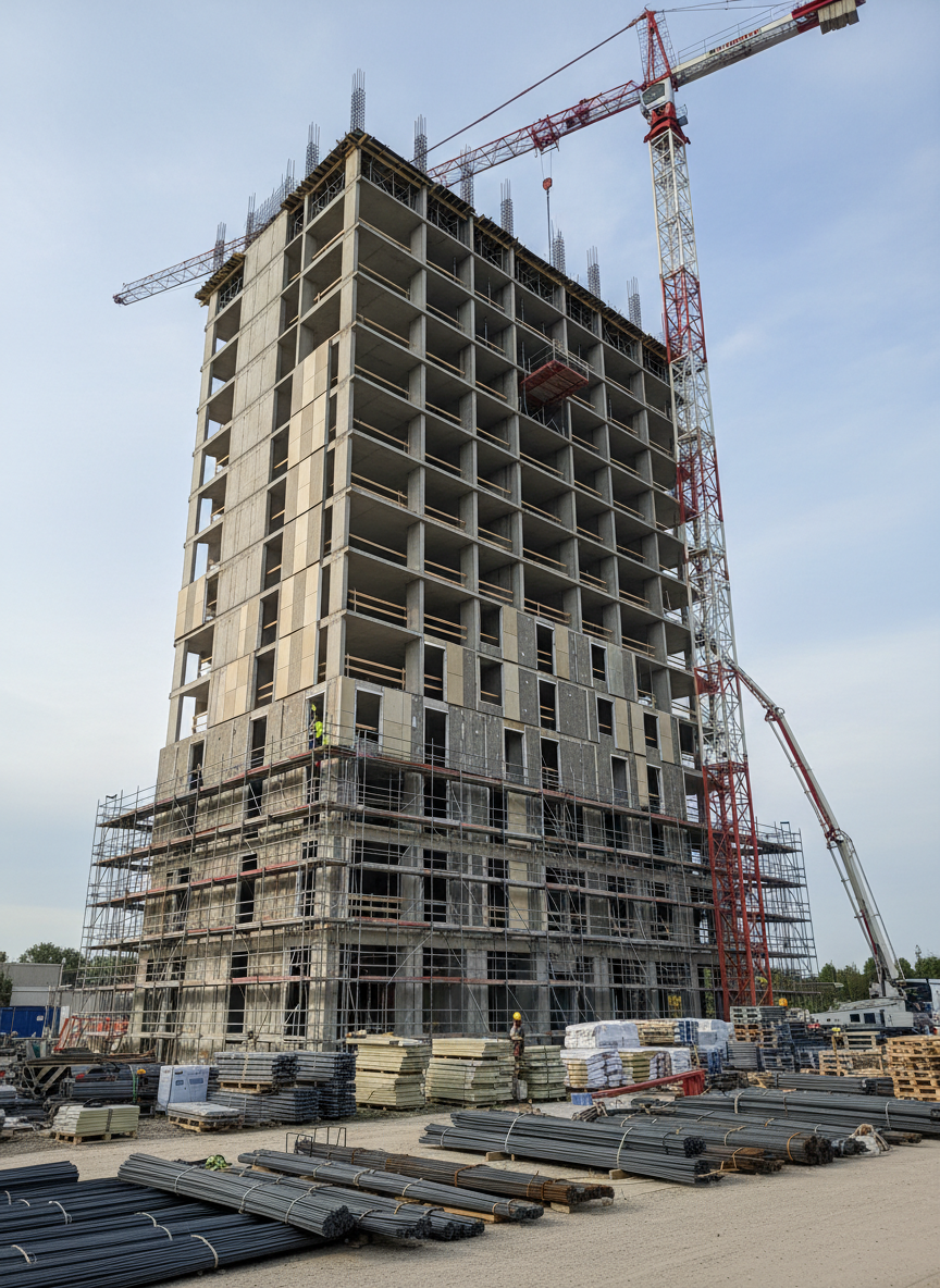 A precise construction site overview featuring a nearly completed reinforced concrete high-rise structure with clearly visible slabs, columns, and shear walls, all executed with clean formwork lines and accurate alignment. The site is organized and tidy, with stacks of steel rebar, neatly stored formwork panels, and a tower crane rising beside the building. Surrounding scaffolding reveals the ongoing installation of thermal insulation and ventilated façade panels. Captured in clear midday light under a slightly overcast sky, the soft diffused lighting enhances detail and material textures. Photographic realism from a wide-angle, slightly low perspective, emphasizing scale and structural logic. The atmosphere is disciplined and efficient, conveying European construction standards and German-inspired precision in execution.